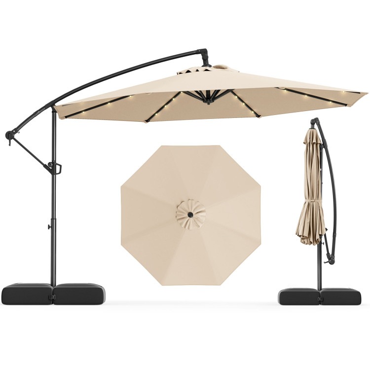NP12351BE 10 ft. Solar Offset Hanging Umbrella with Base & 32 LED Lights - Beige