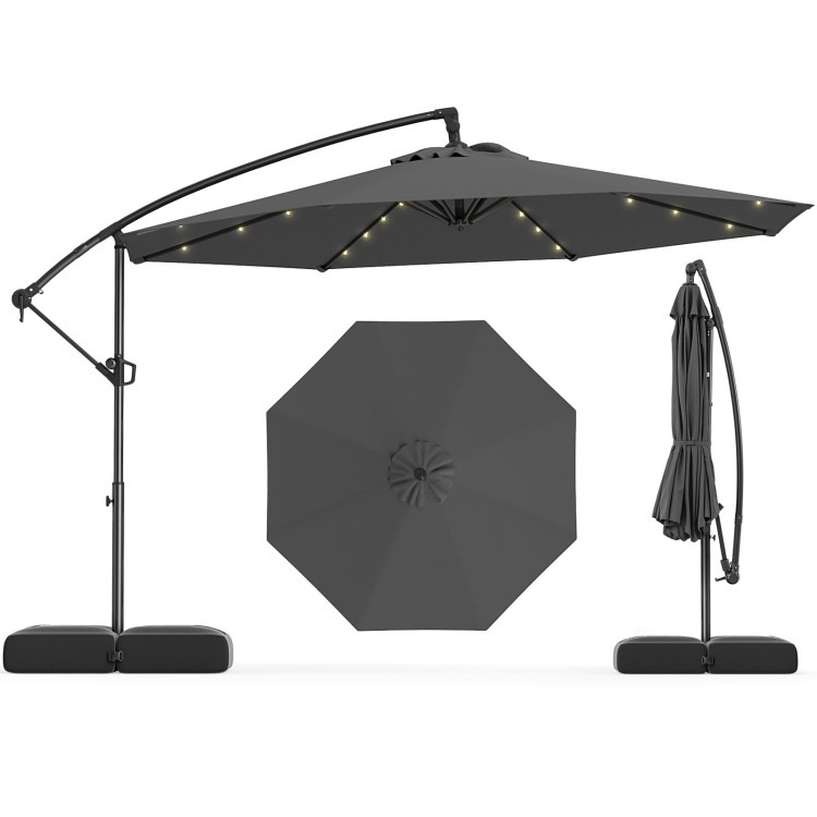 NP12351GR 10 ft. Solar Offset Hanging Umbrella with Base & 32 LED Lights - Gray