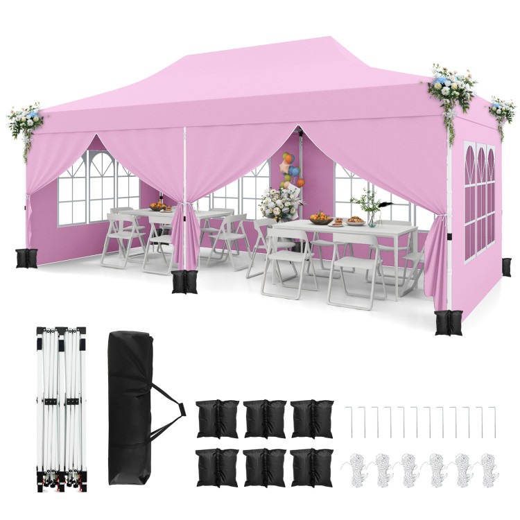 Picture of Costway NP12123PI 10 x 20 ft. Pop up Canopy with 6 Sidewalls Windows & Carrying Bag - Pink