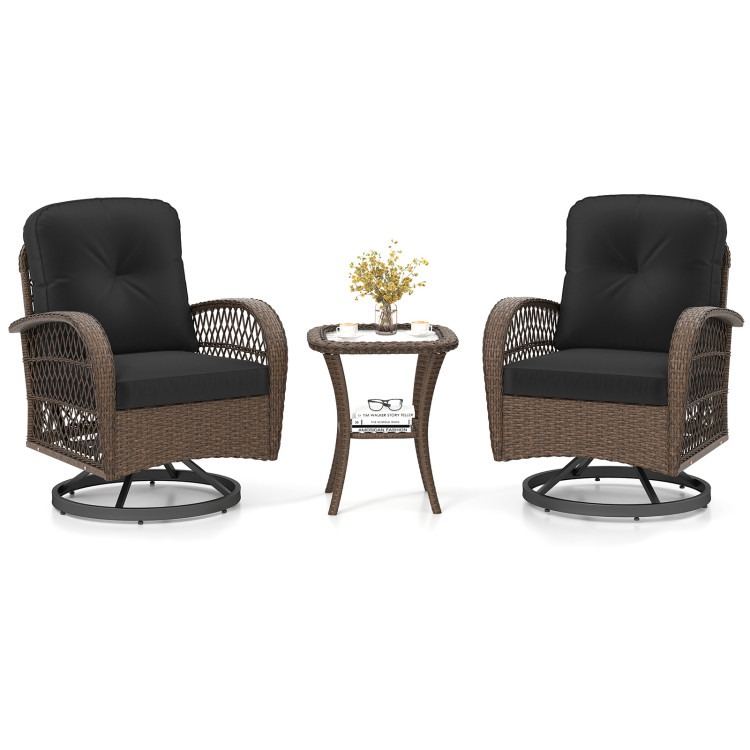 HW73588DK Patio Swivel Rocker Set with Tempered Glass Side Table & Thick Cushions, Black & Mix Brown - 3 Piece