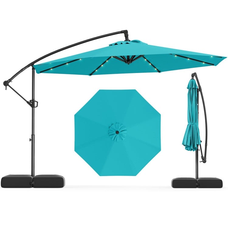 NP12351TU 10 ft. Solar Offset Hanging Umbrella with Base & 32 LED Lights - Turquoise