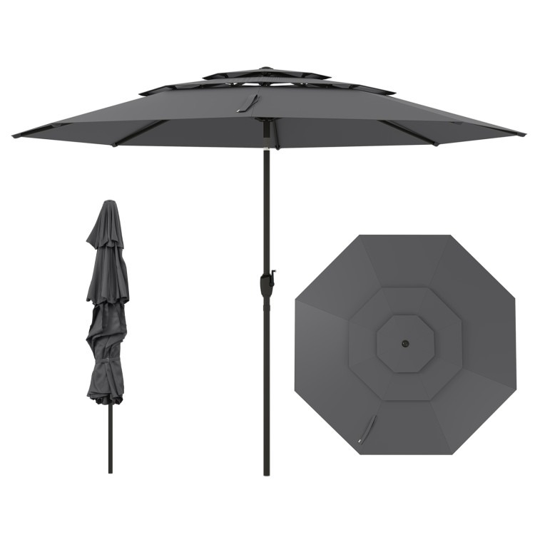 NP12191GR 10 ft. 3-Tier Vented Patio Umbrella with Push Button Tilt - Gray