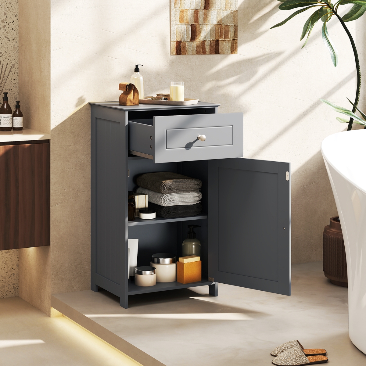 BA7919GR Single Door Bathroom Cabinet with Adjustable Shelf & Drawer - Gray