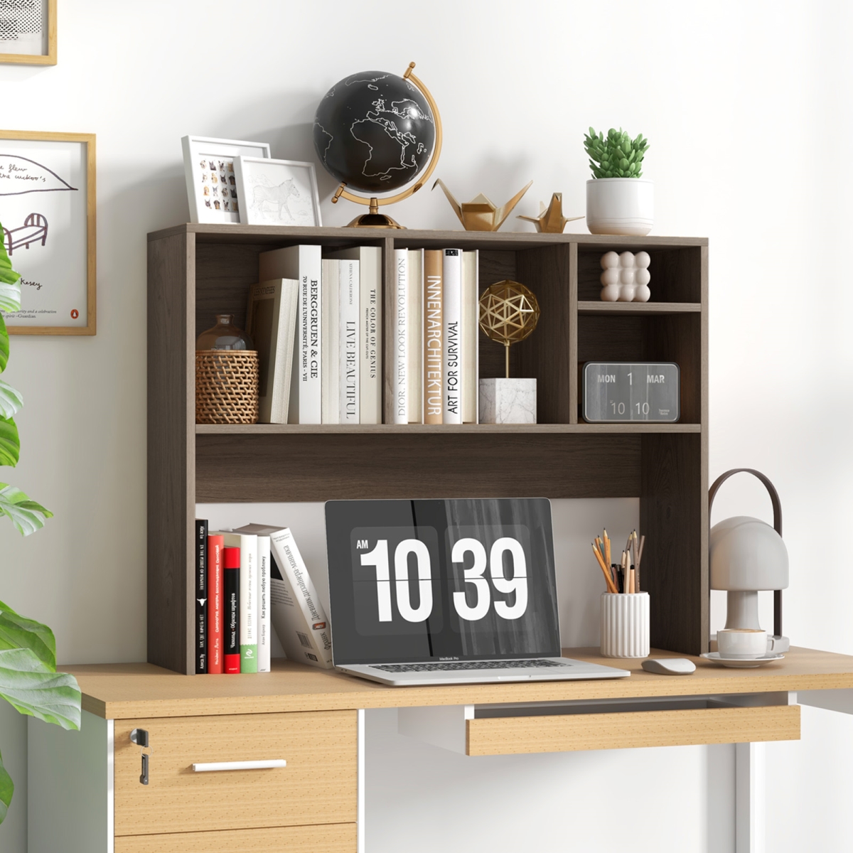 CB10657OA Computer Desktop Bookcase with 4 Cubbies & Open Back Compartment - Gray