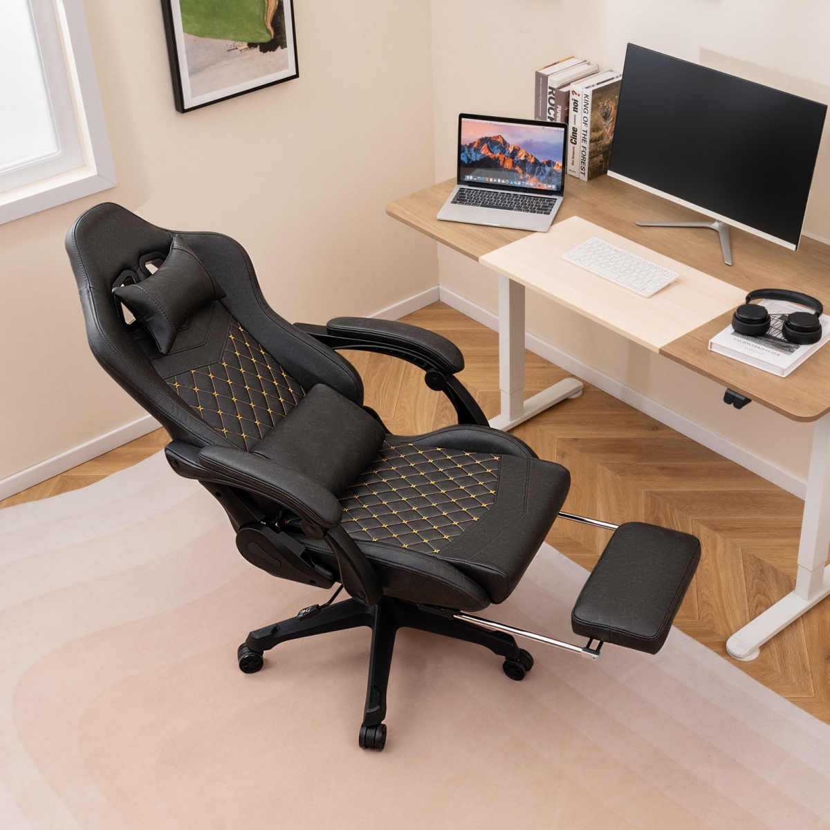 CB10719DK Ergonomic Video Game Computer Chair with Headrest & Lumbar Pillow - Black