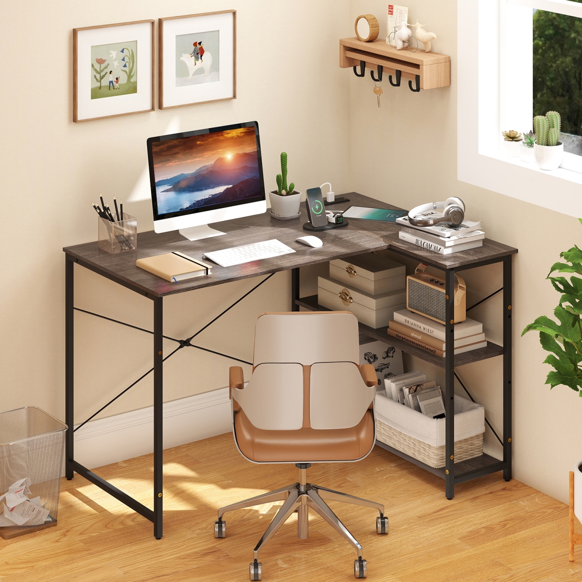 CB10823US-GR L-Shaped 47 in. Reversible Corner Desk with Adjustable Storage Shelves - Gray