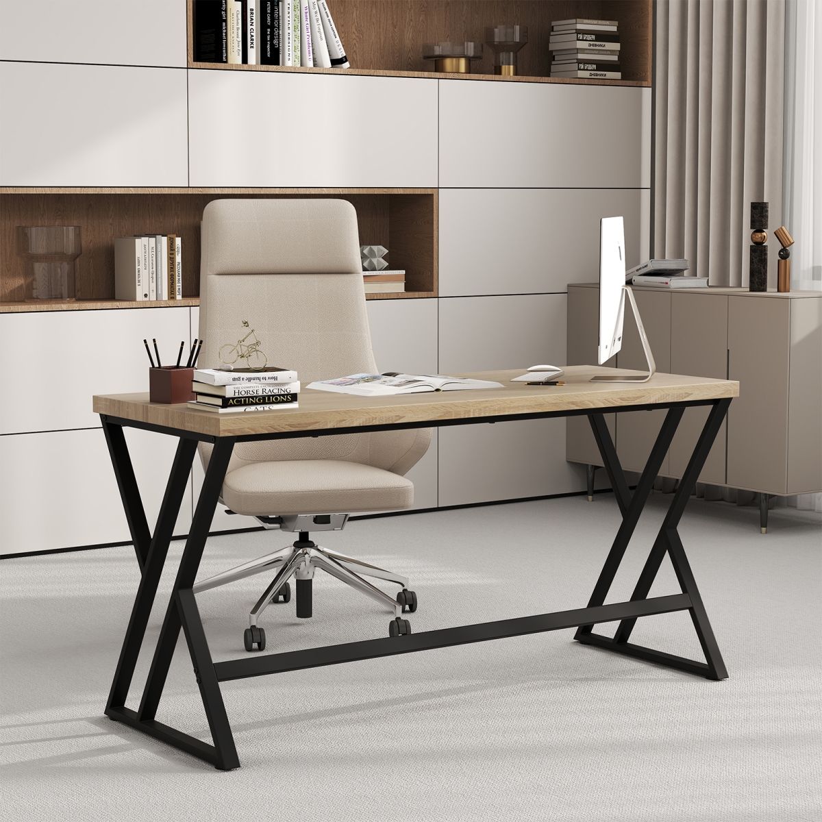 CB10901GR 59 in. Computer Desk with Heavy-Duty Metal Frame & Crossbar - Gray