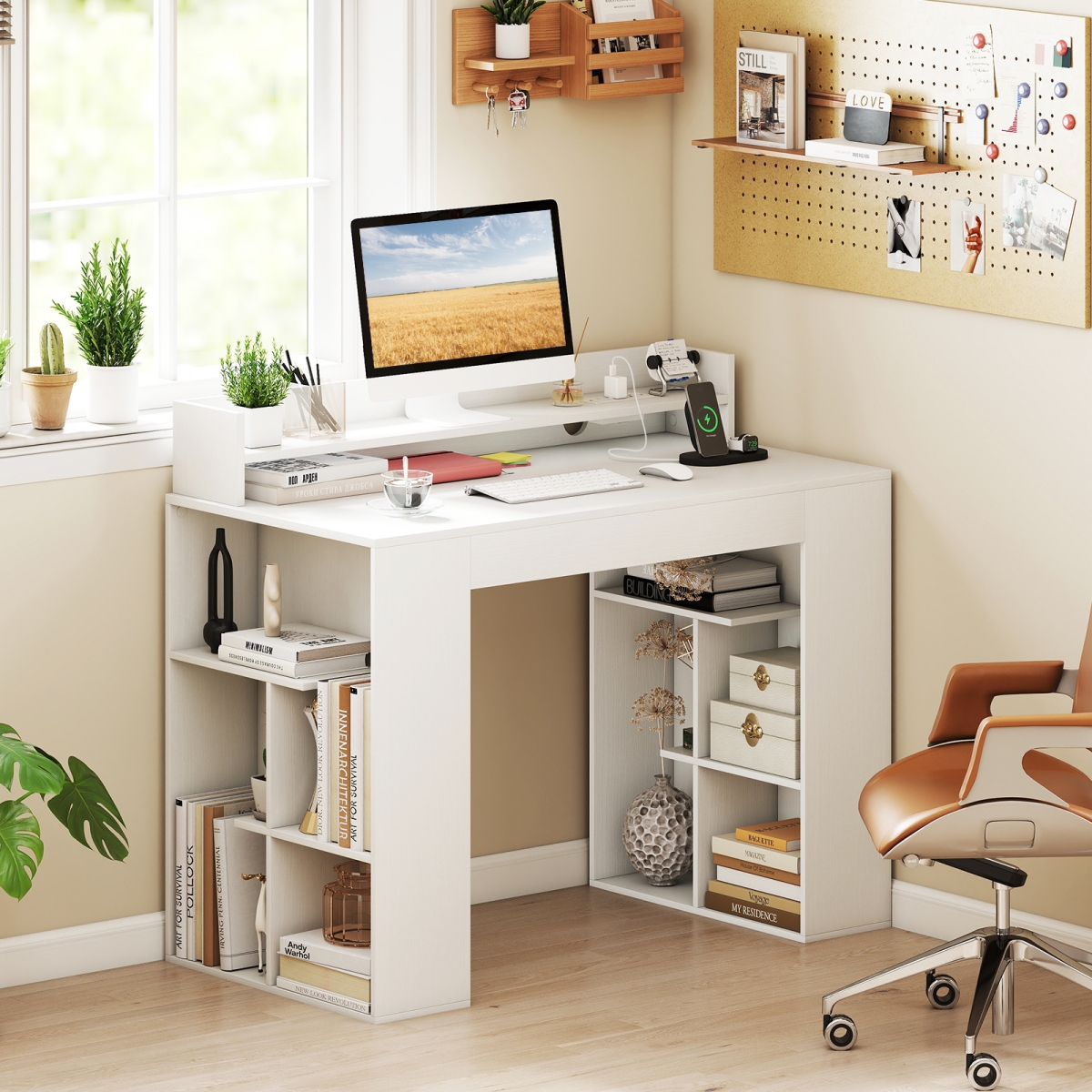 CB10913US-WH 43 in. Computer Desk with Power Outlets & 2 Bookcases - White