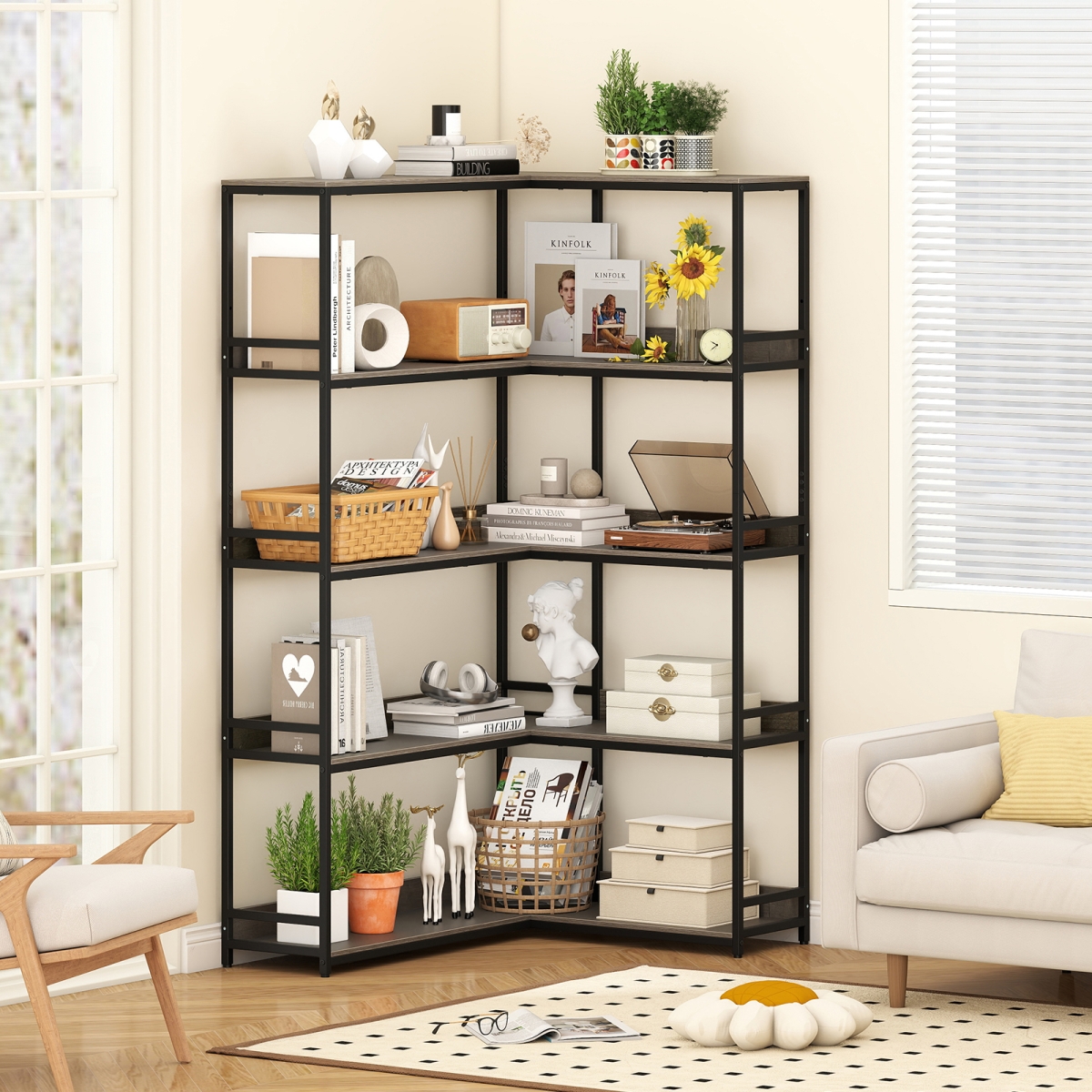 CB10940OA- Corner 5-Tier L-Shaped Bookcase Etagere Bookshelf with Metal Frame - Oak