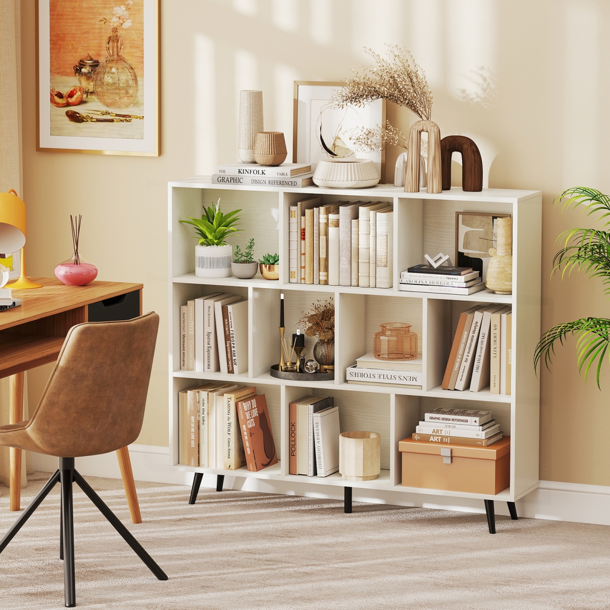 CB10954WH Bookcase with 5 Tapered Metal Legs - 10 Cubes