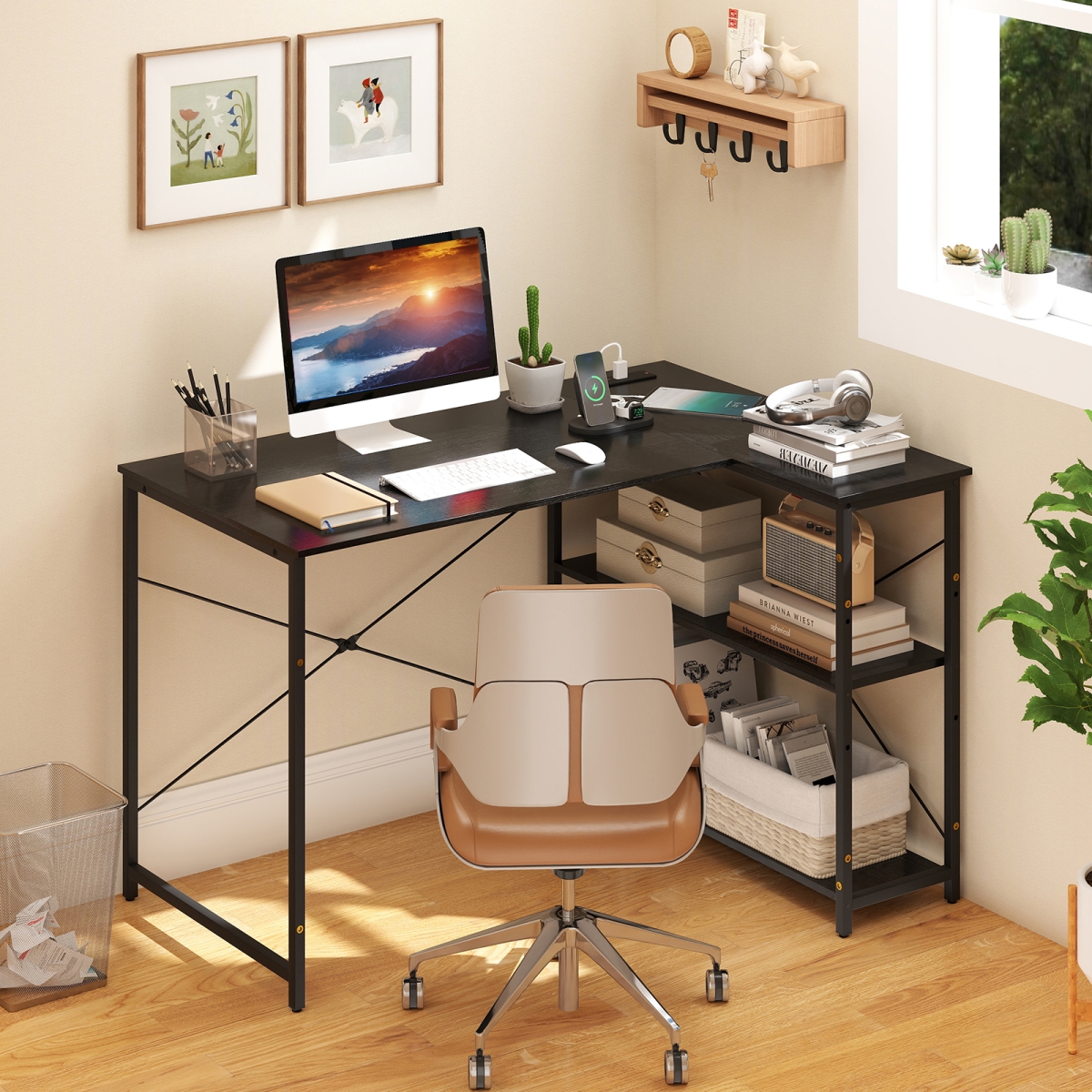 CB10823US-DK L-Shaped 47 in. Reversible Corner Desk with Adjustable Storage Shelves - Black