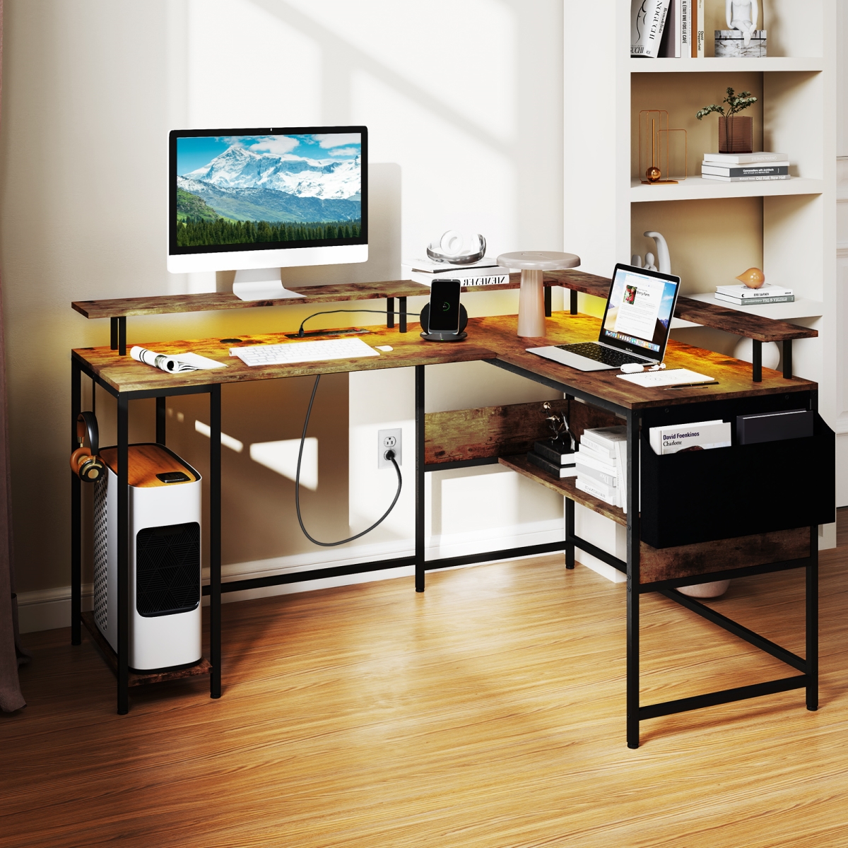 CB10595US-CF L-Shaped Gaming Desk with LED Lights & Power Outlets Home Office Computer Desk - Rustic Brown
