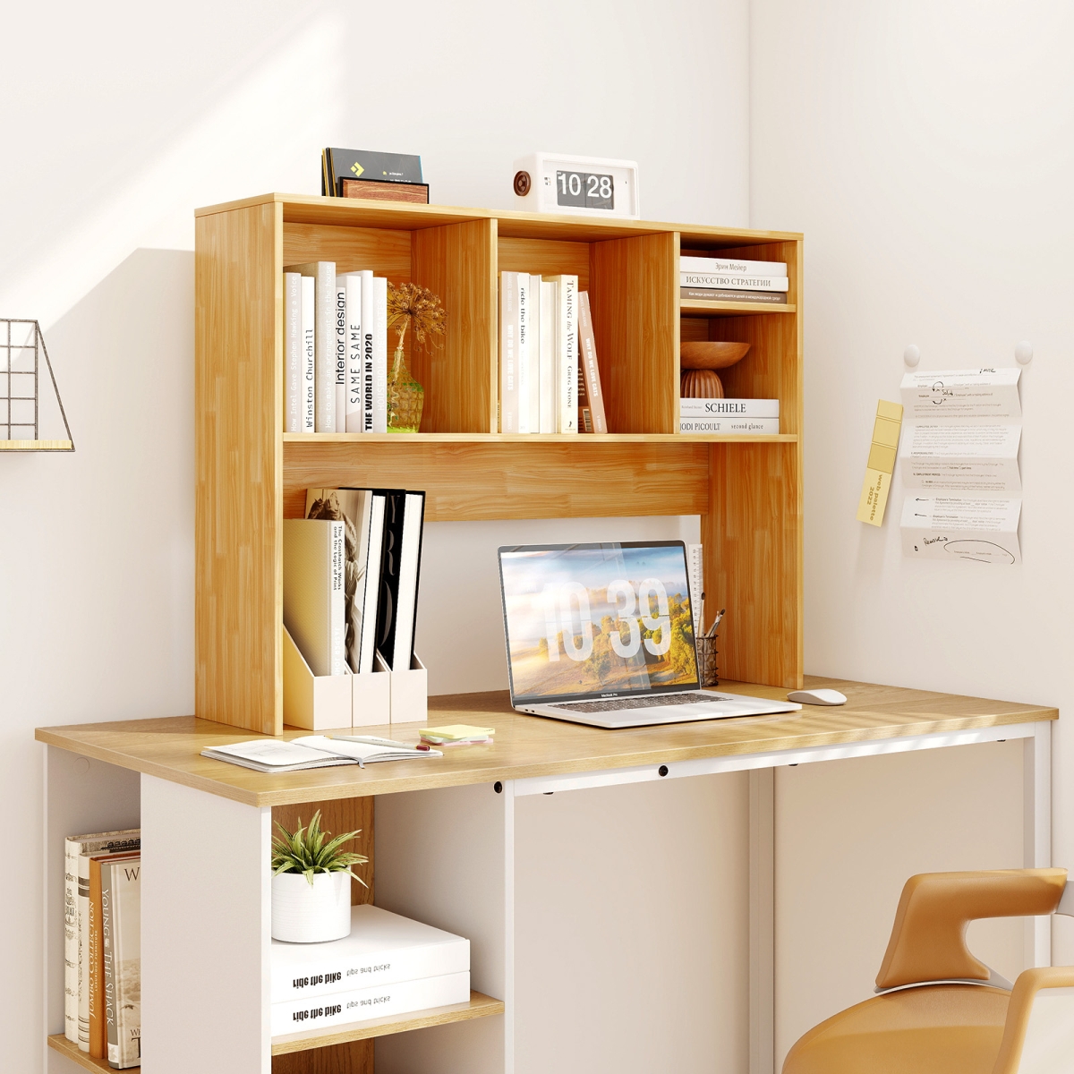 CB10657BE Computer Desktop Bookcase with 4 Cubbies & Open Back Compartment - Beige