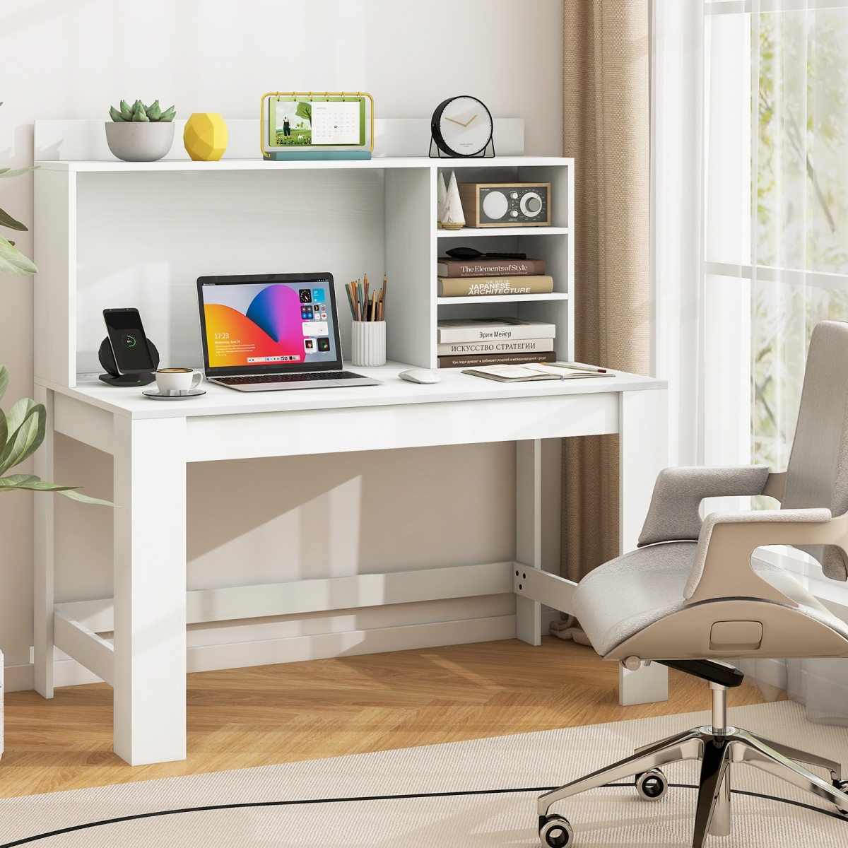 CB10779US-WH Modern Computer Desk with Hutch & Storage Shelves - White