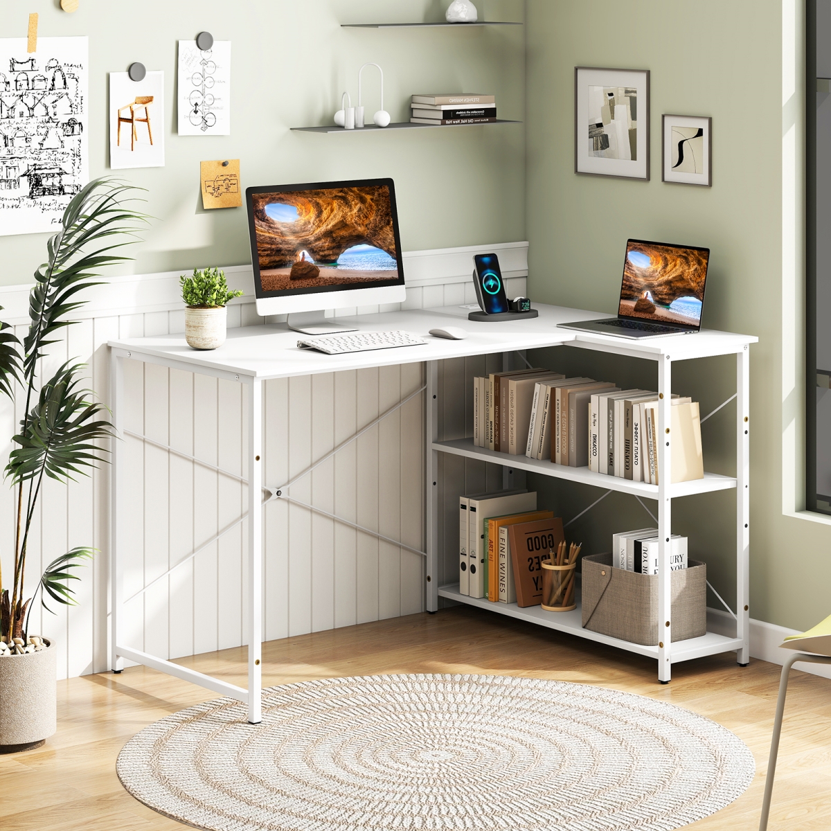 CB10823US-WH L-Shaped 47 in. Reversible Corner Desk with Adjustable Storage Shelves - White