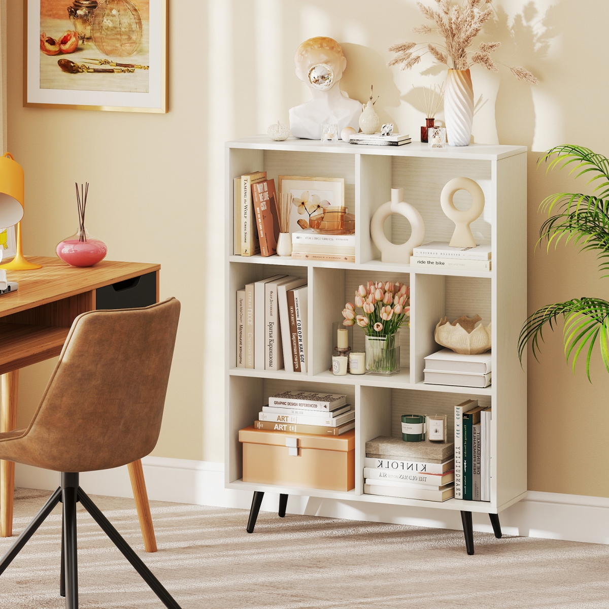CB10952WH Bookcase with 5 Tapered Metal Legs - 7 Cubes