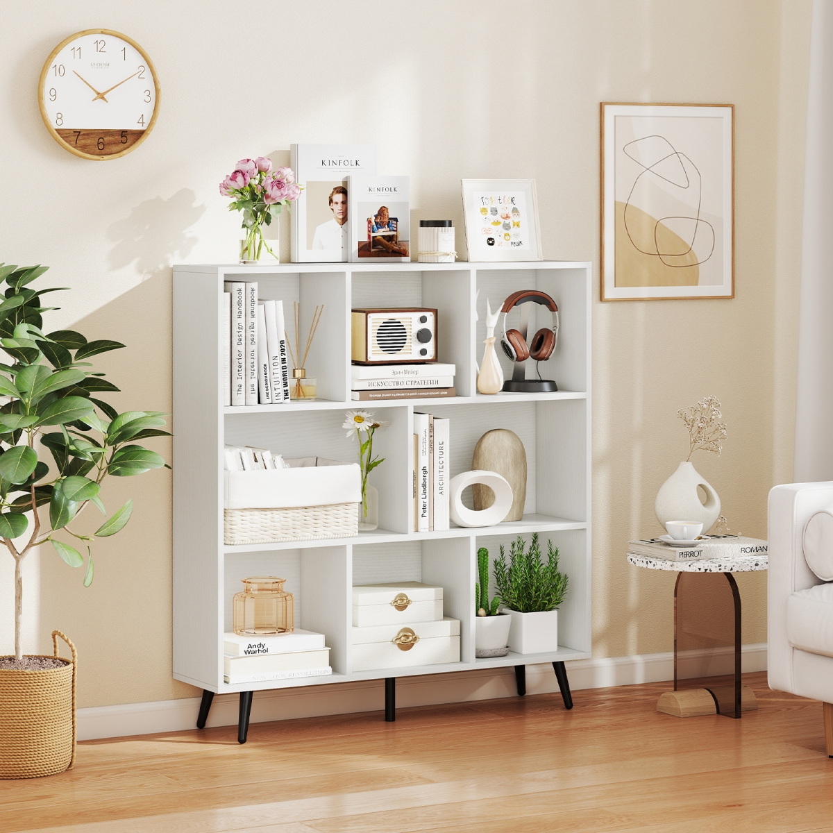 CB10953WH 8-Cube Bookcase with 5 Tapered Metal Legs - White