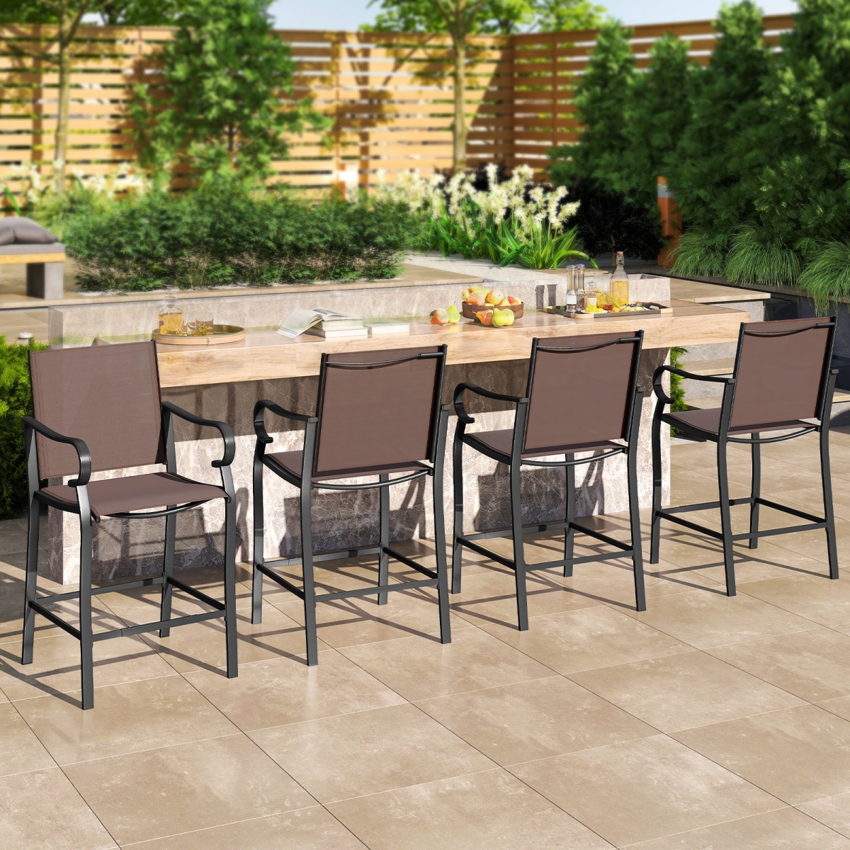 2-NP12647CF-2 Outdoor Counter Height Bar Stools with Breathable Mesh Fabric - Set of 4
