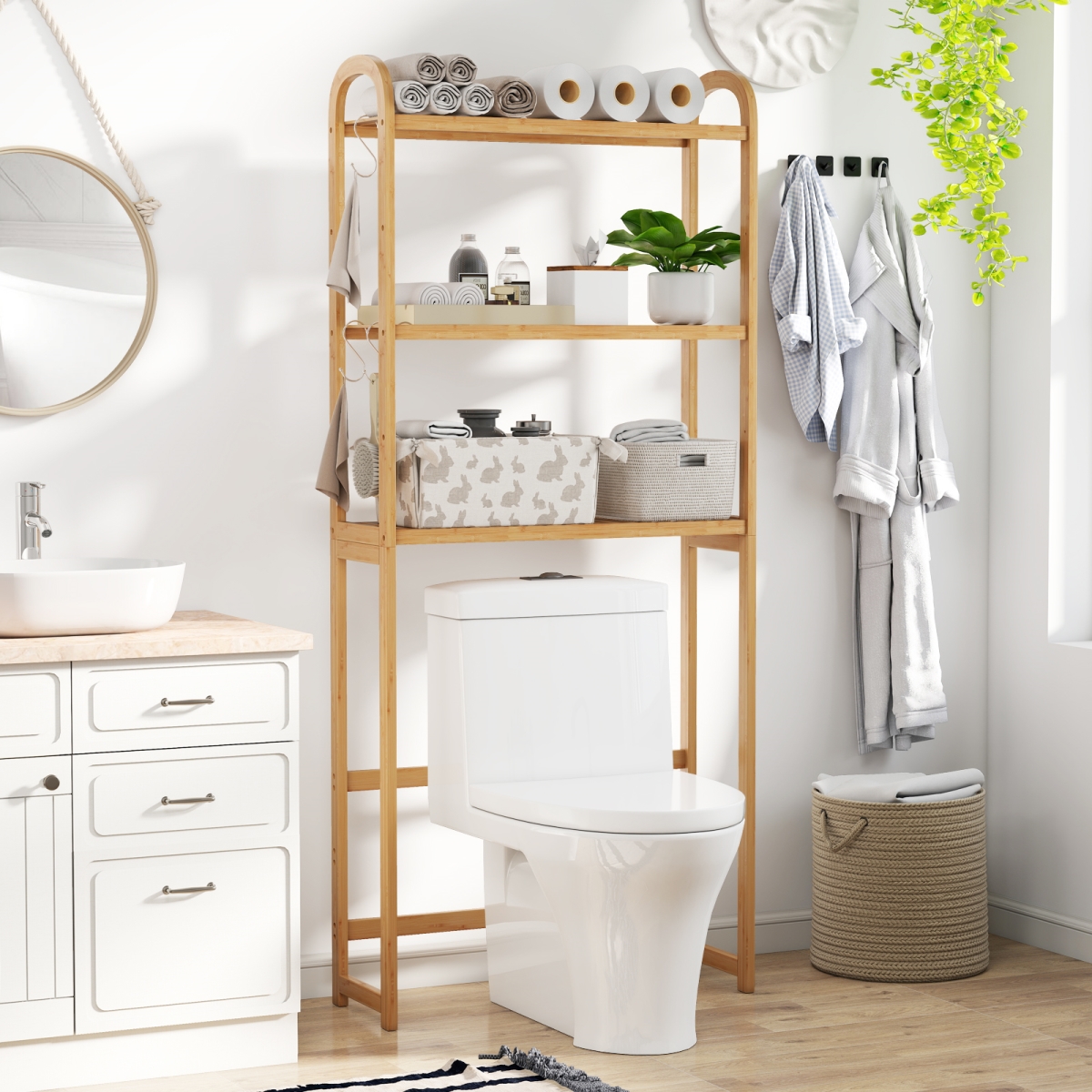 BA8193NA 3-Tier Bamboo Bathroom Floor Organizer with 5-Position Shelves & 3 Hooks - Natural