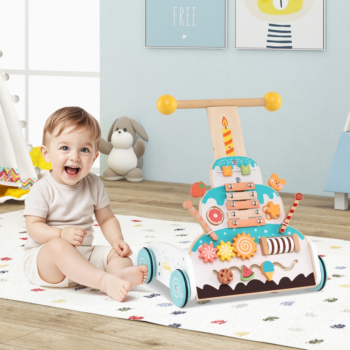 BC10289WH Wooden Baby Walker with Adjustable Heights & Smooth Wheels - White
