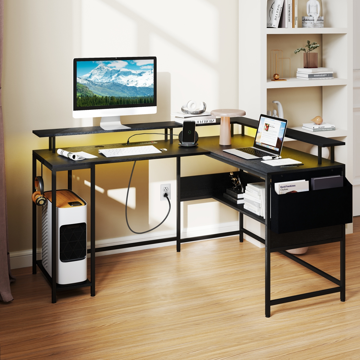 CB10595US-DK L-Shaped Gaming Desk with LED Lights & Power Outlets Home Office Computer Desk - Black