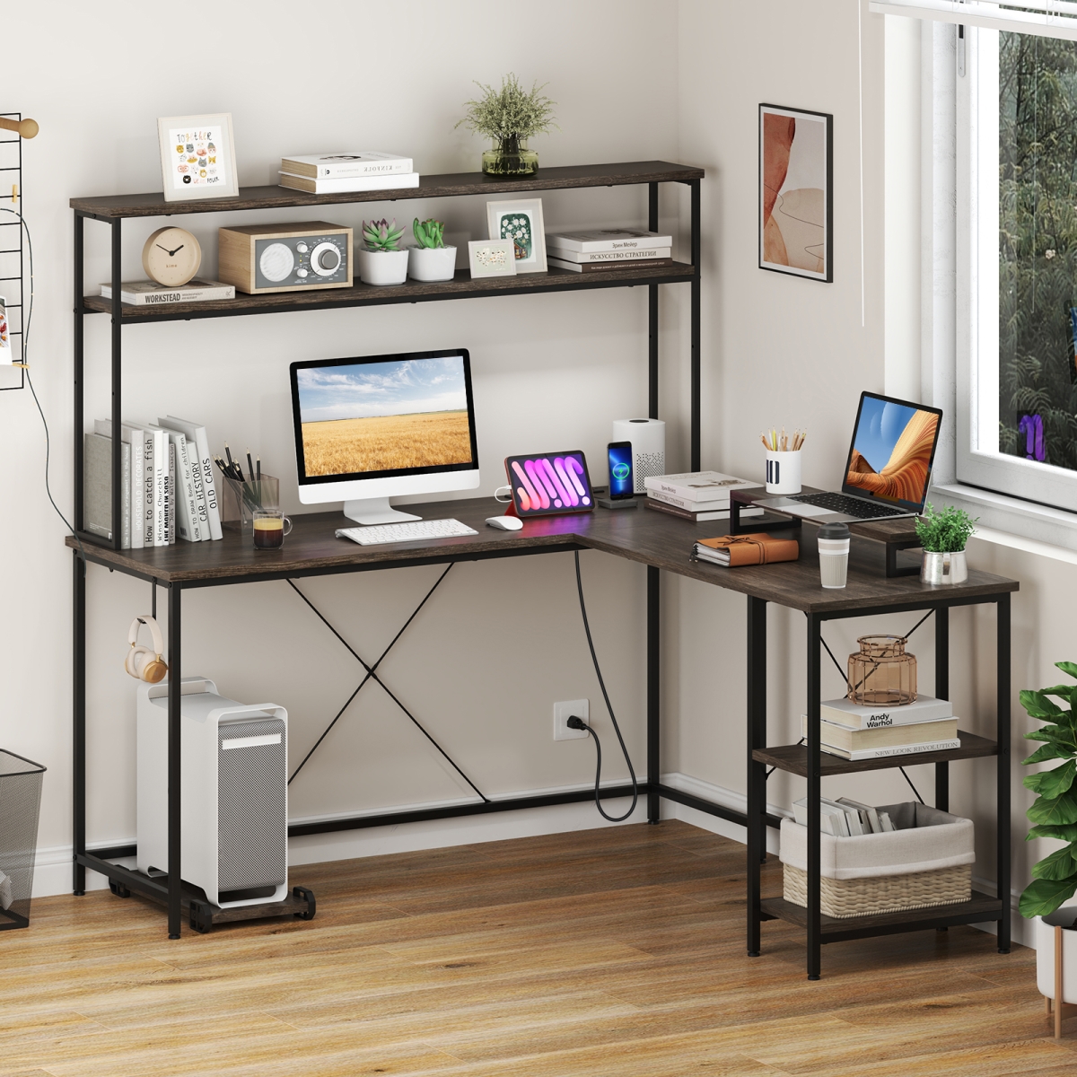 CB10592US-GR L-Shaped Reversible Gaming Desk with LED Strip & Power Outlets Hutch Monitor Stand - Gray