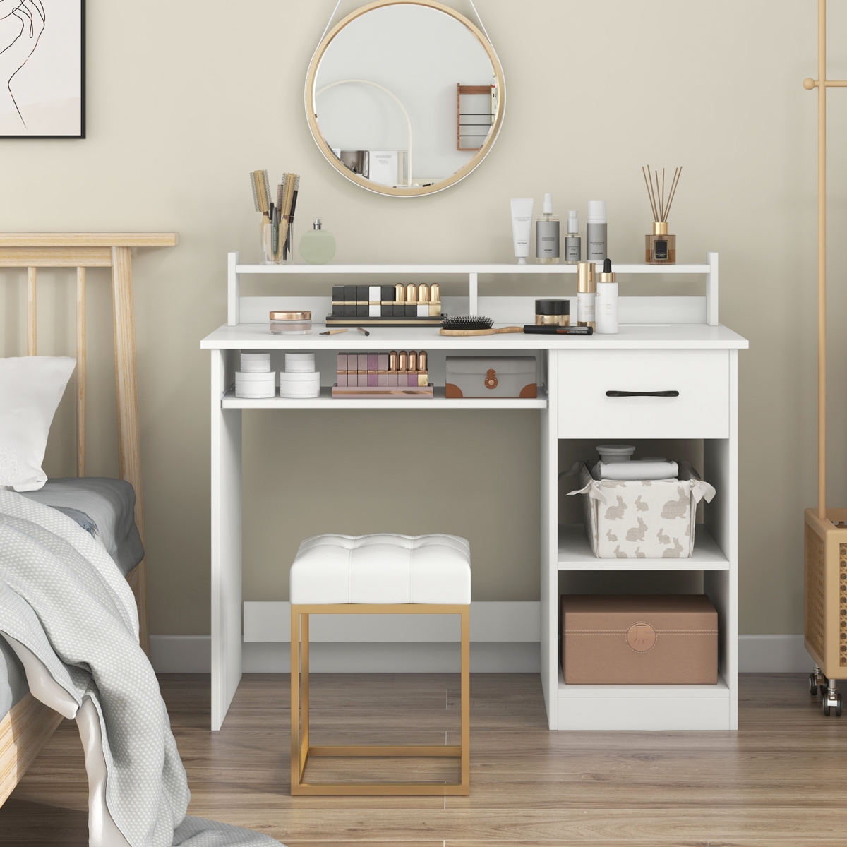 CB10777US-WH Desk with Charging Station & Adjustable Shelf for Home Office - White