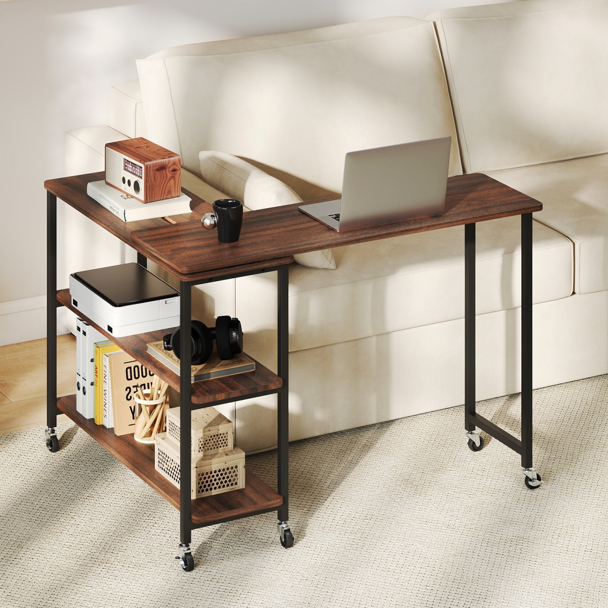 CB10815WT Patented Large 360-Degree Free Rotating Sofa Side Table with Wheels & Storage Shelf - Walnut