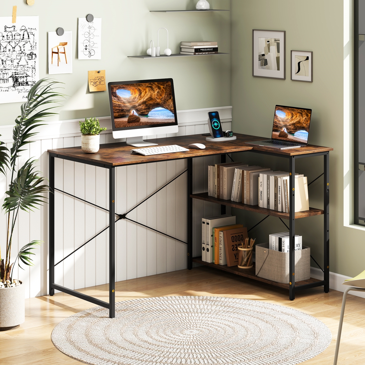 CB10823US-CF L-Shaped 47 in. Reversible Corner Desk with Adjustable Storage Shelves - Rustic Brown