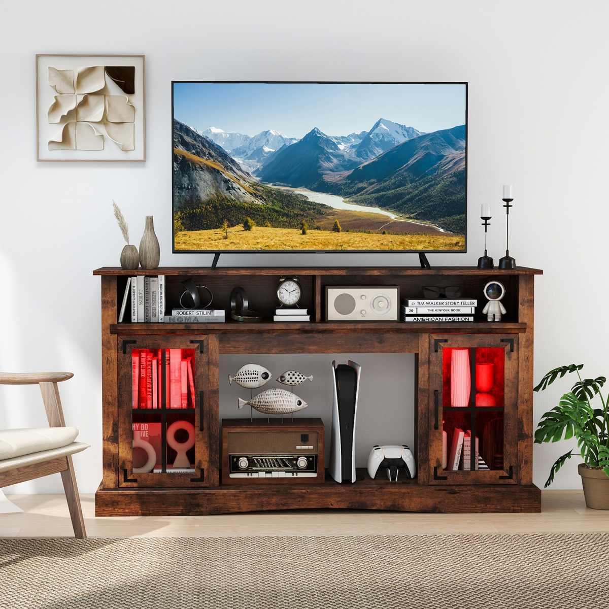 FP10888CF TV Stand with LED Lights & Remote Control - Rustic Brown