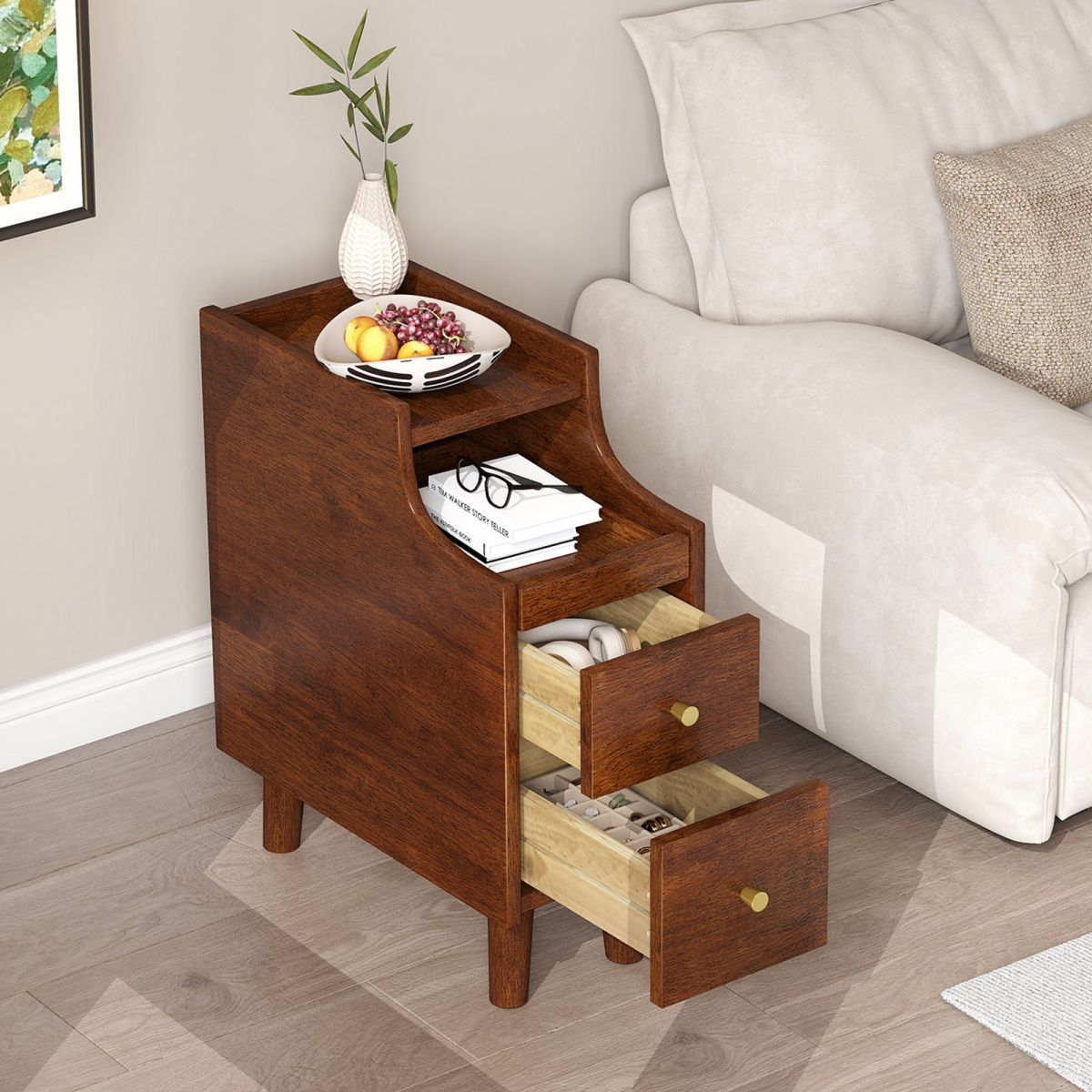 HU11058BN Solid Wood Narrow Bedside End Table with Pull-Out Tray & 2 Storage Drawers - Brown