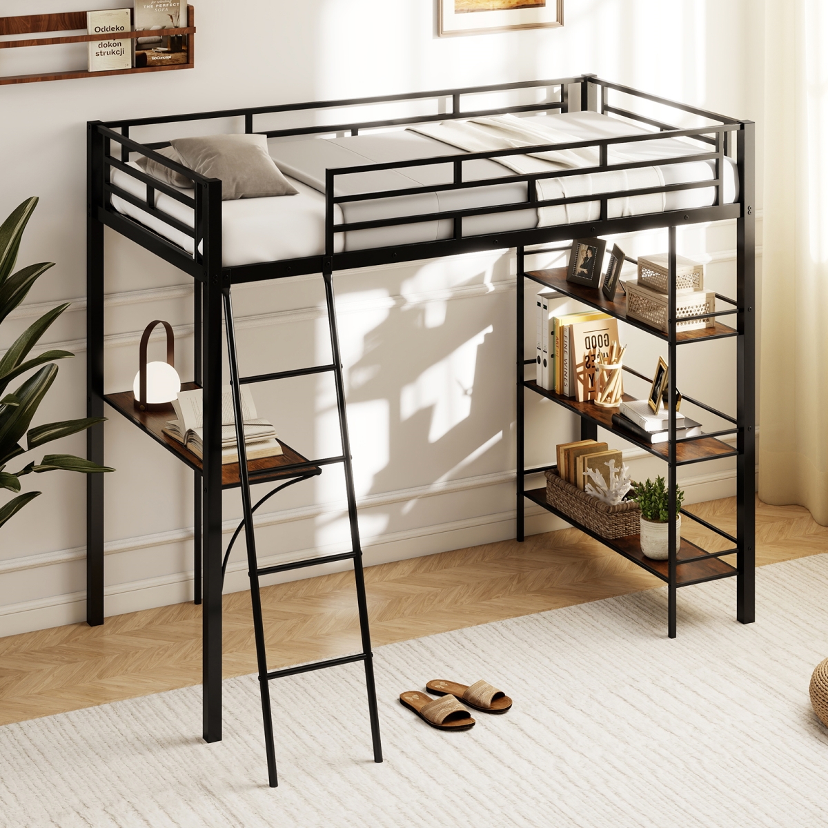 HU11064DK Twin Size Loft Bed with Desk & Shelves for Kids & Home - Black