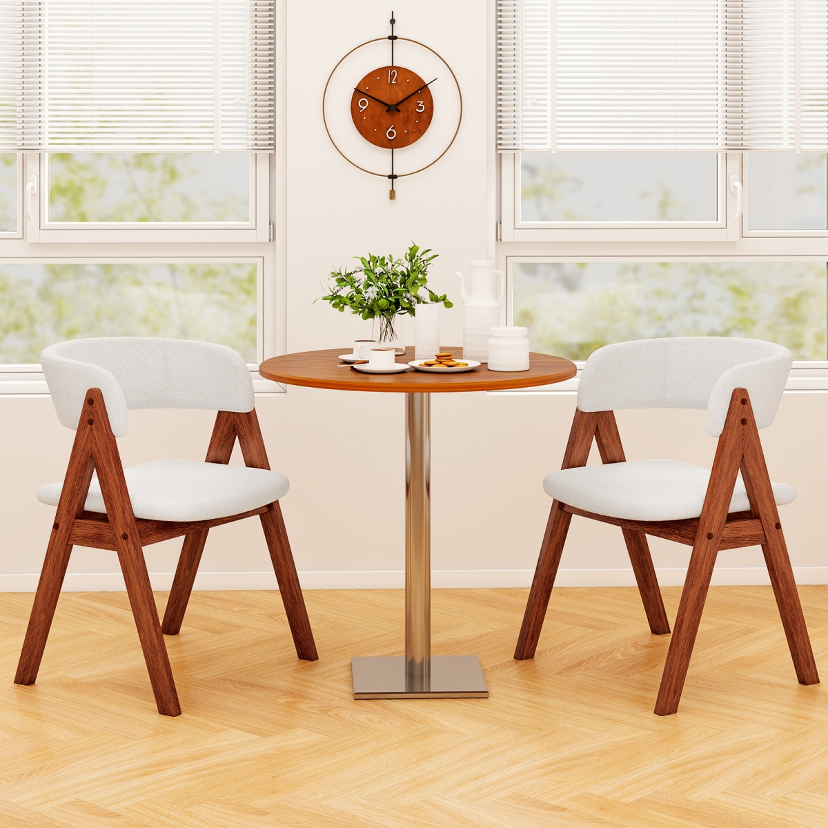 2-KC58434WN Wooden Dining Chair Mid-Century Modern Sherpa Upholstered Kitchen Dining Room Chairs - Walnut - Set of 4
