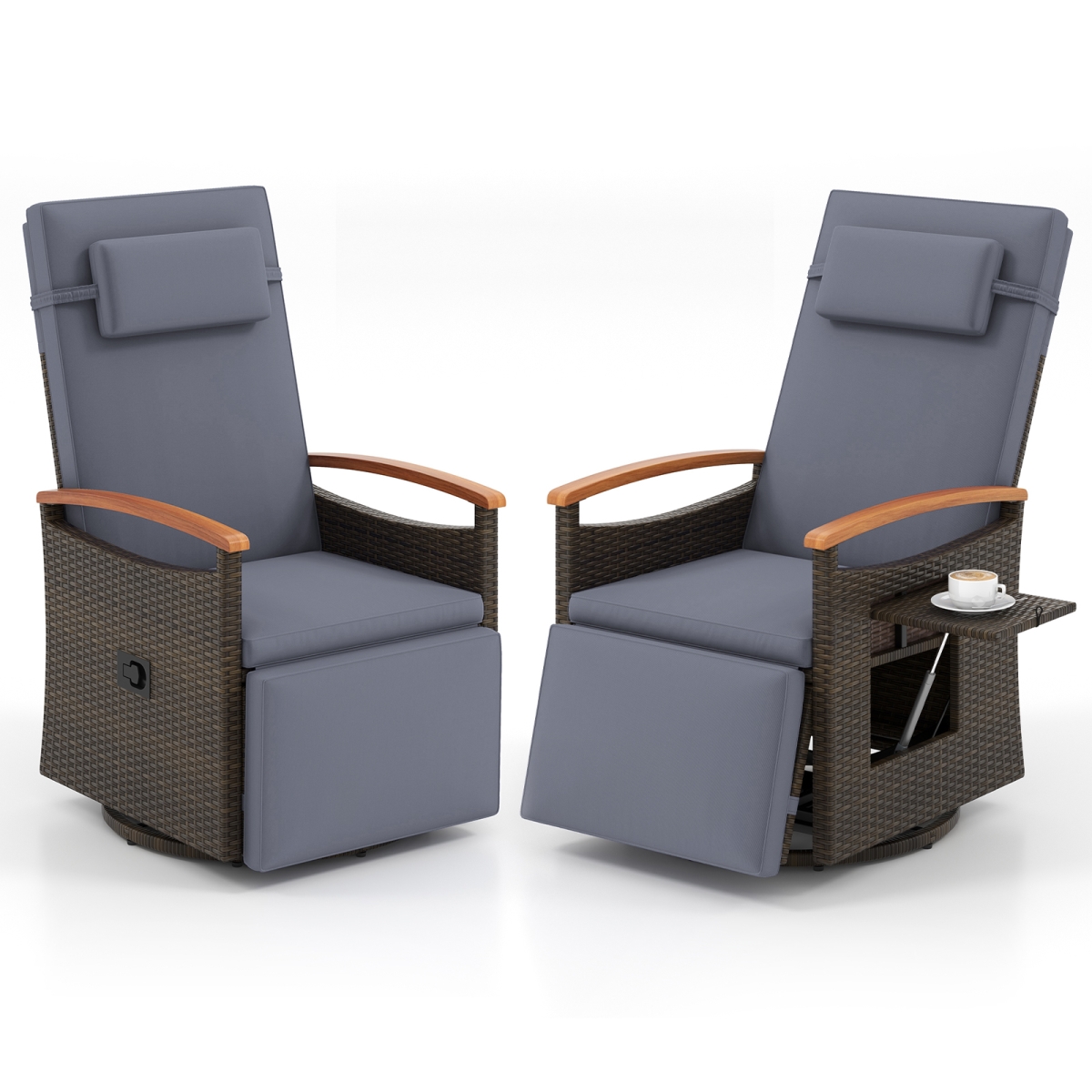 2-HW74097GR Patio Rattan 360 Deg. Swivel Recliner Chair with Adjustable Backrest & Footrest - Dark Gray