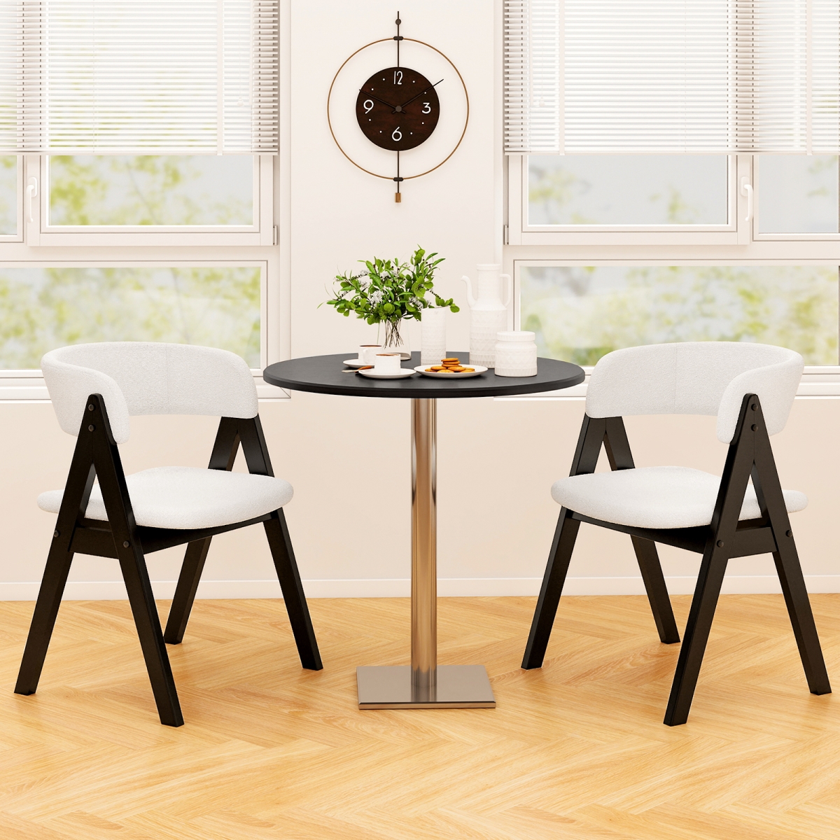 2-KC58434BK Wooden Dining Chair Mid-Century Modern Sherpa Upholstered Kitchen Dining Room Chairs - Black - Set of 4