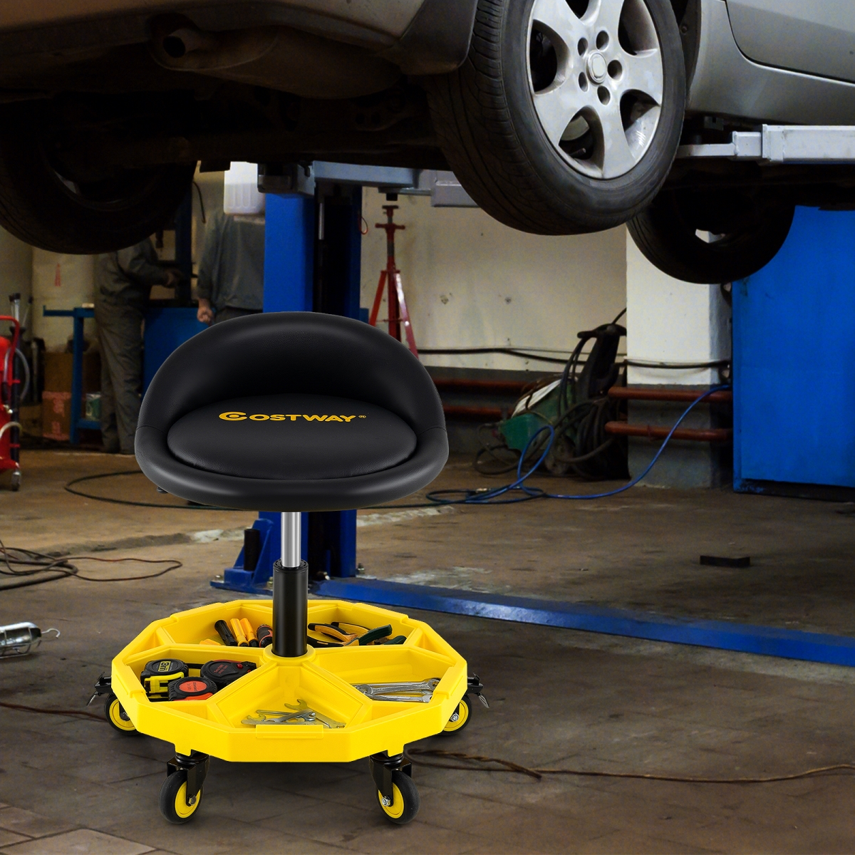 AU10040YE 20 in. -25 in. Height Adjustable Rolling Garage Stool with Tool Tray Storage - Yellow