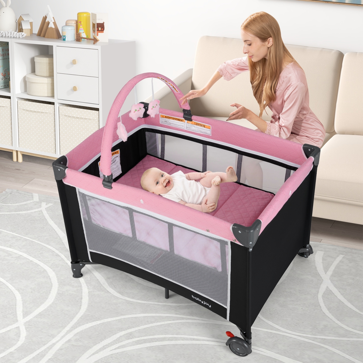 BC10291PI 3-in-1 Portable Baby Crib & Playpen with Changing Table - Pink