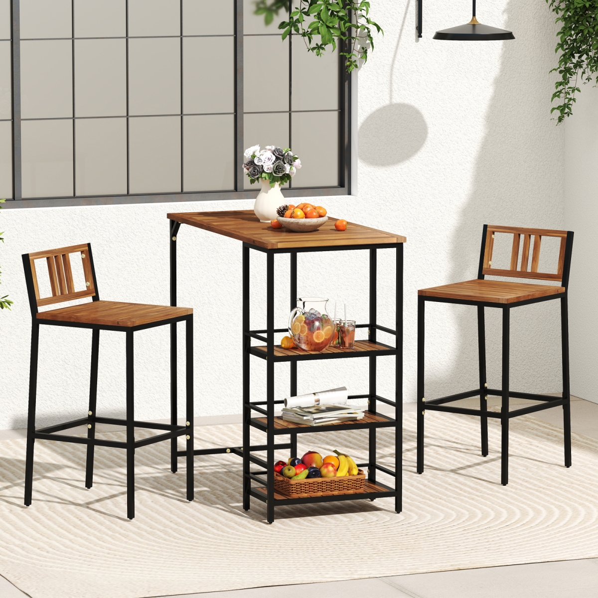 HW73235 Outdoor Wood Bar Set with 3-Tier Storage Shelf & Metal Frame - 3 Piece