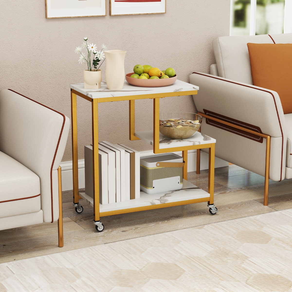 JV11395WH G-Shaped 3-Tier Mobile Side & End Table with Open Shelves - White