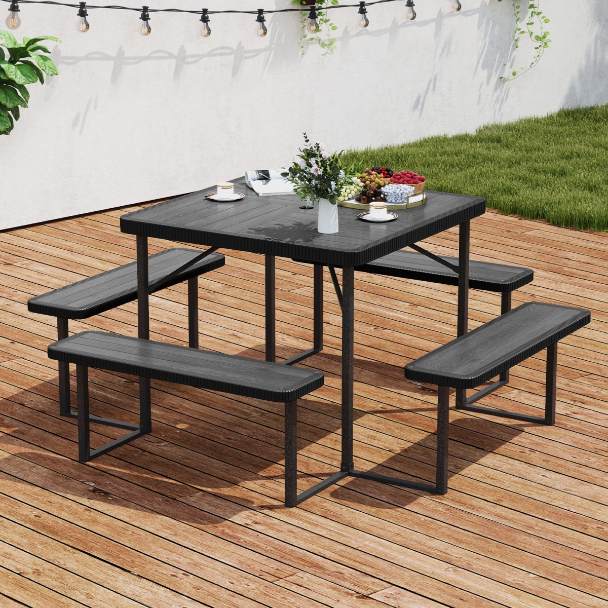 NP12106BK Outdoor Square Picnic Table Bench Set for 4-8 People with Umbrella Hole - Black