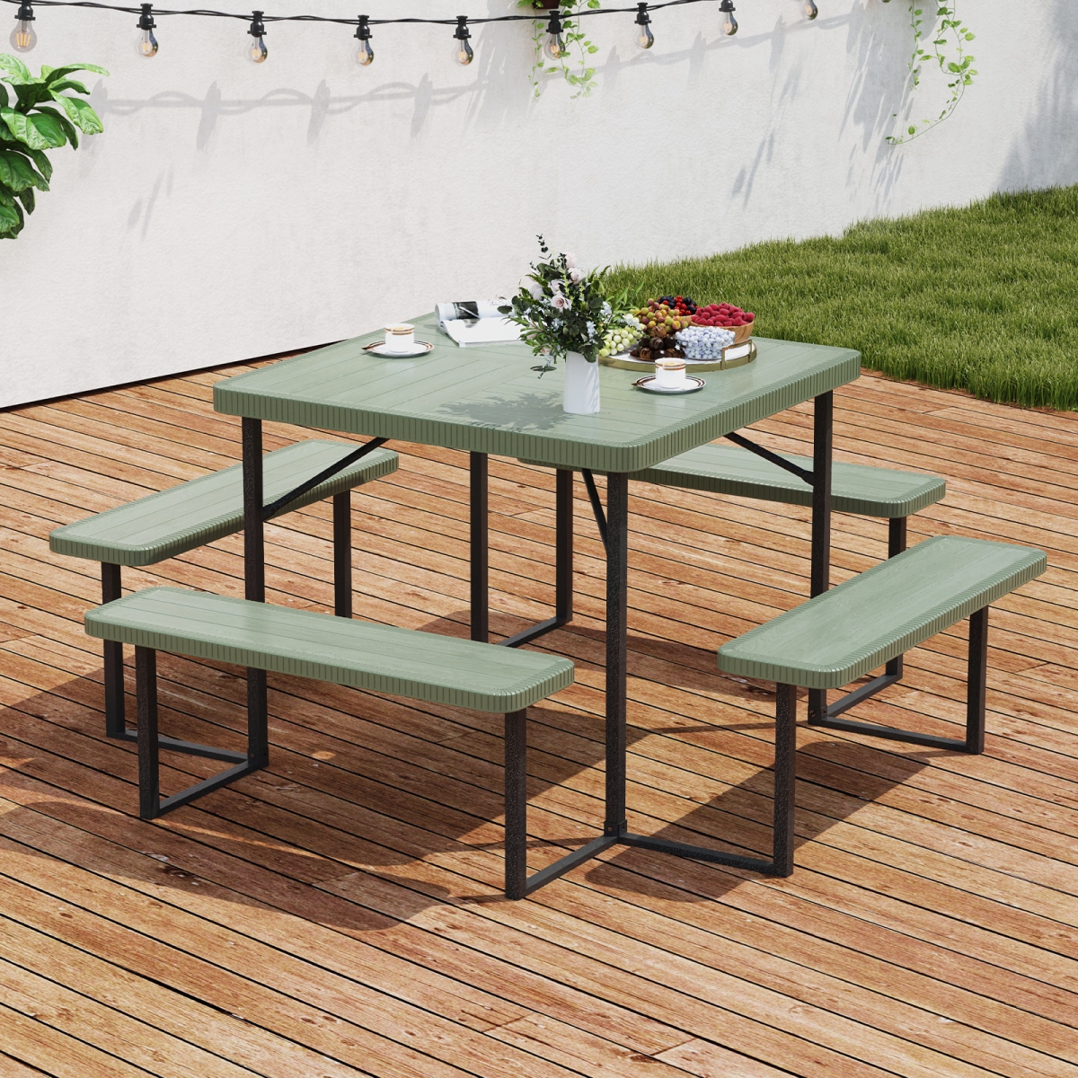 NP12106LS Outdoor Square Picnic Table Bench Set for 4-8 People with Umbrella Hole - Green