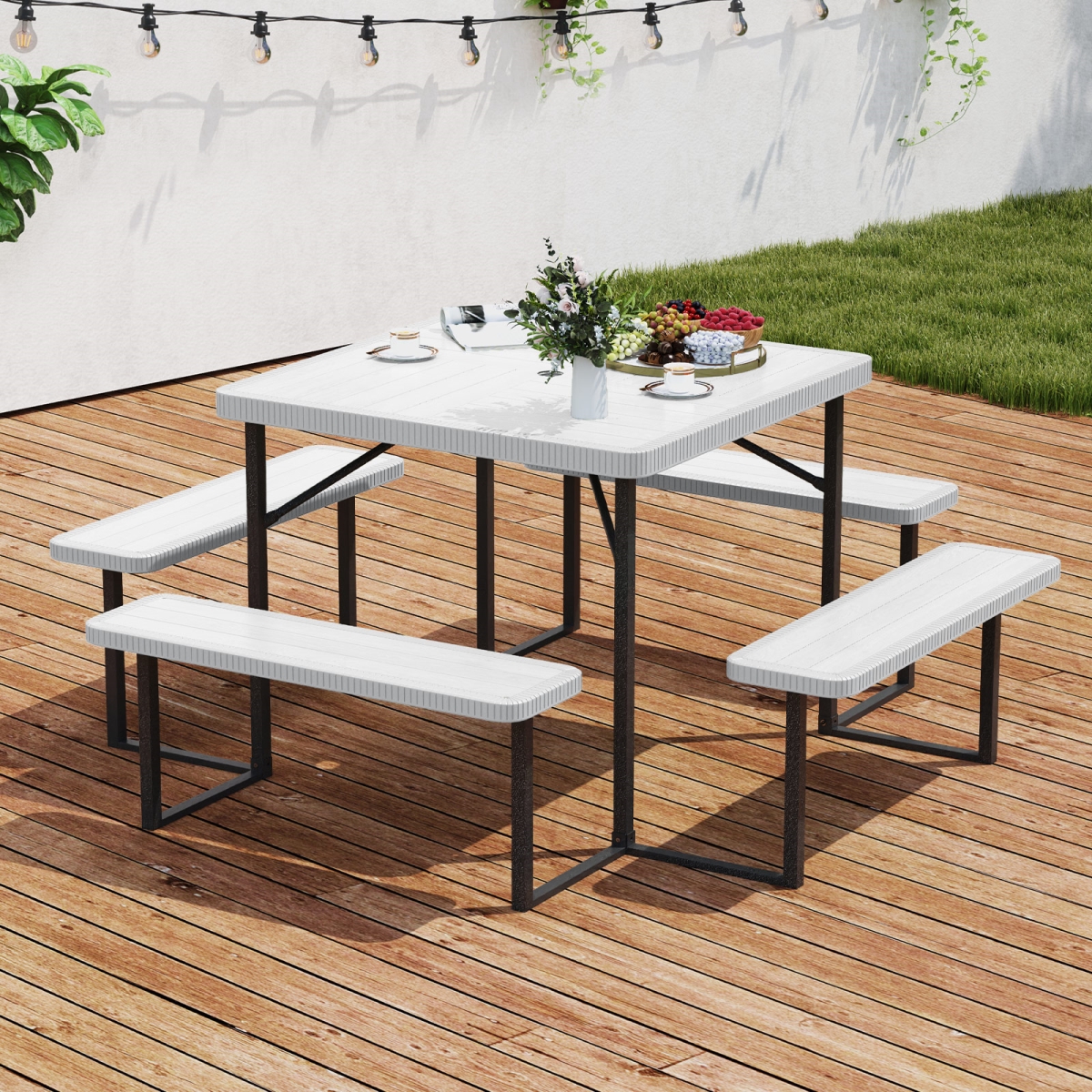 NP12106WH Outdoor Square Picnic Table Bench Set for 4-8 People with Umbrella Hole - White