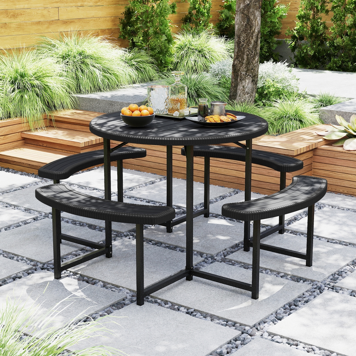 NP12107BK Round Picnic Table Bench Set with 4 Benches & Umbrella Hole for Patio Lawn - Black