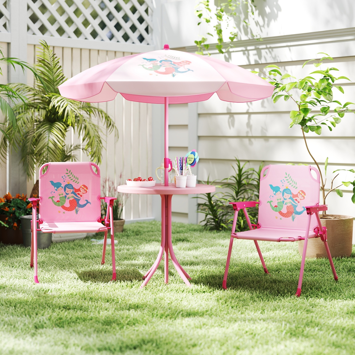 NP12145PI Kids Picnic Set with 2 Folding Chairs & Height Adjustable Umbrella - Pink - 4 Piece
