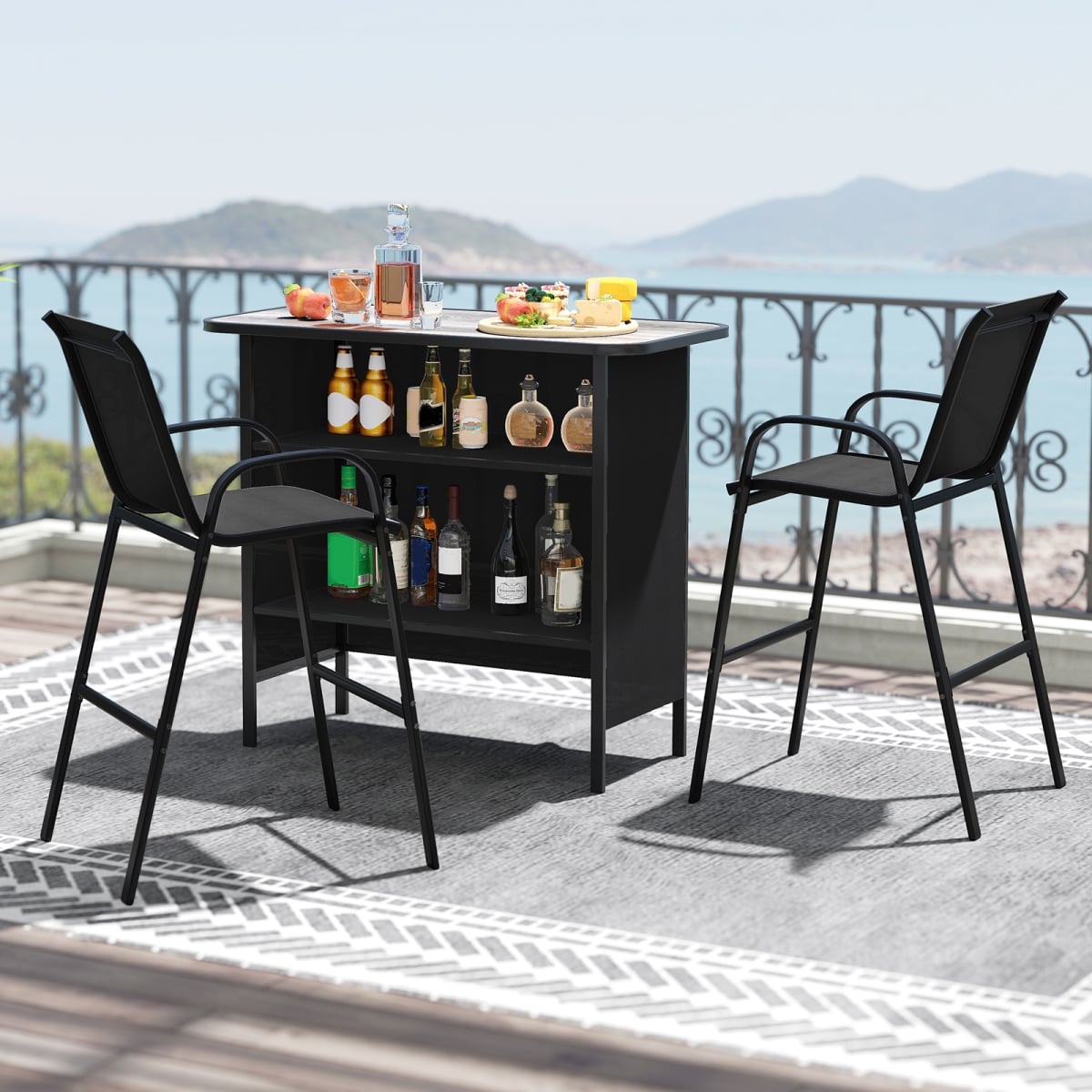 NP12173DK Outdoor Bar Set with Footrest & 2-Tier Shelf - Black - 3 Piece
