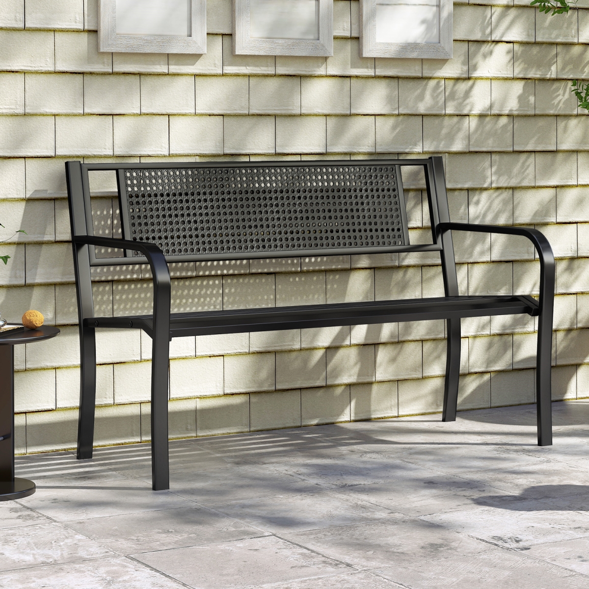 NP12204BK 50 in. Garden Bench with Patterned Backrest & Curved Armrests - Black