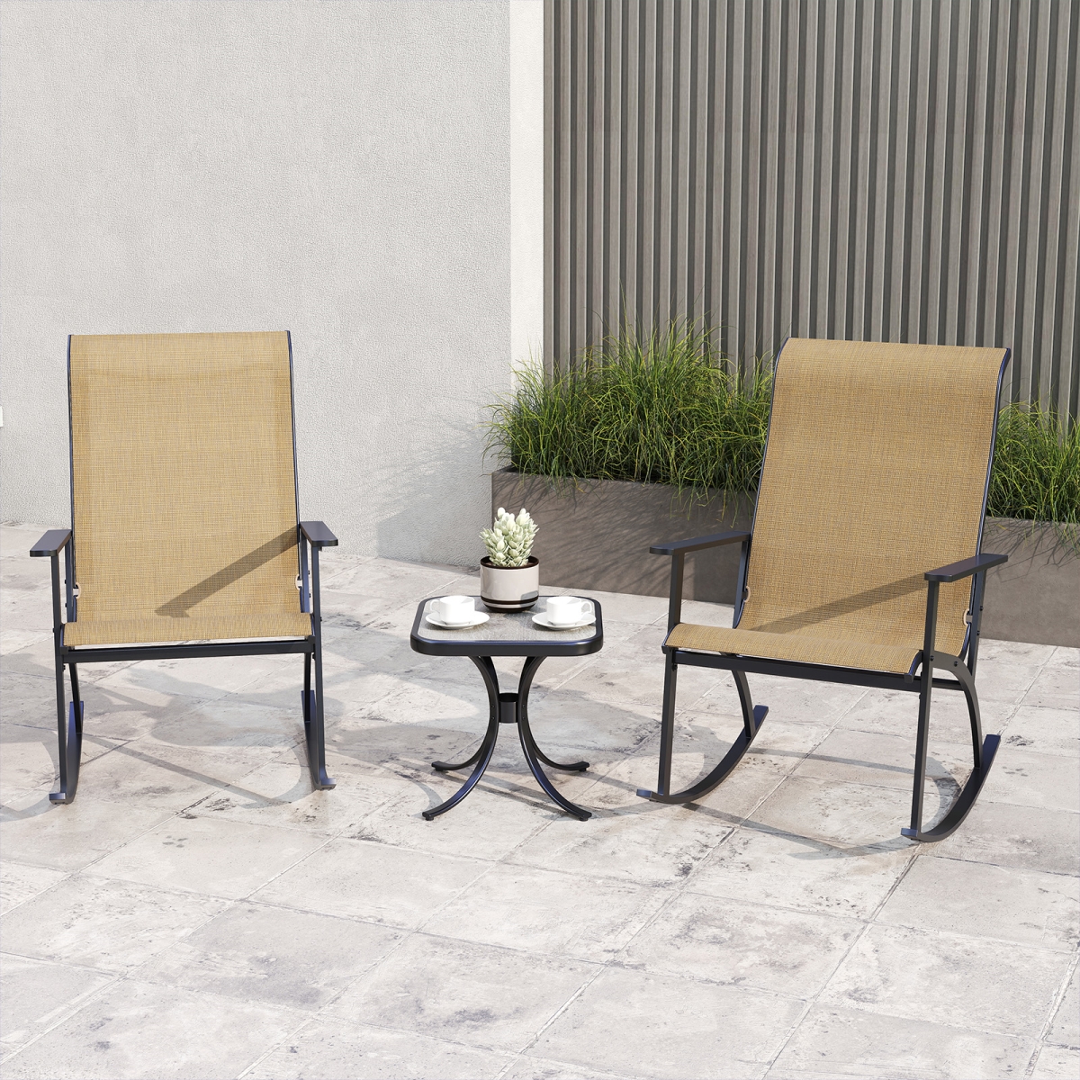 NP12308CF Heavy Duty Rocking Bistro Chairs & Table Set with High Backrest & Wood-Plastic Tabletop - Brown