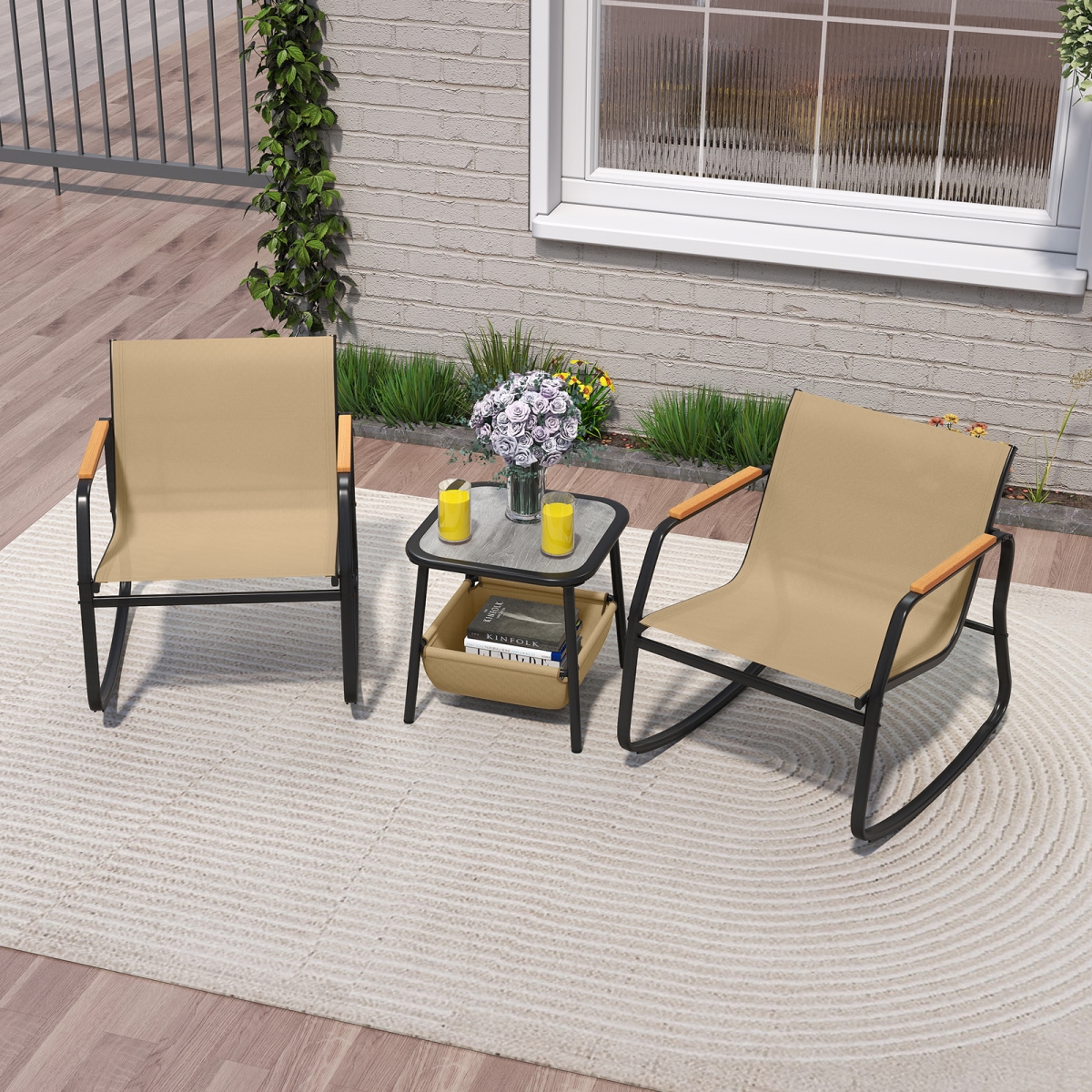 NP12313CF Rocking Bistro Chairs & Side Table Set with Storage Bag - Brown - 3 Piece