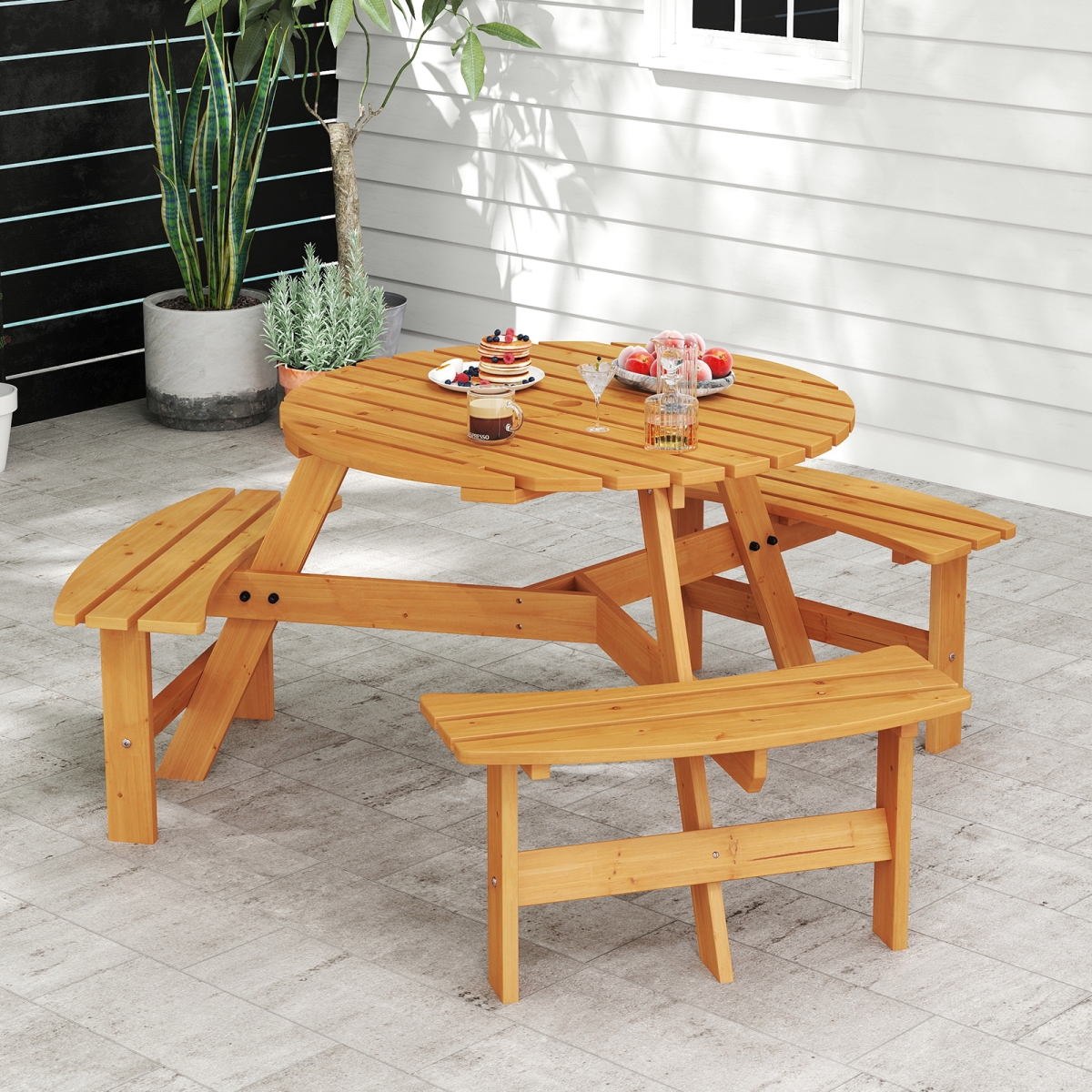 NP12320YW 6-Person Round Picnic Table Set with 3 Built-in Benches & Umbrella Hole - Yellow