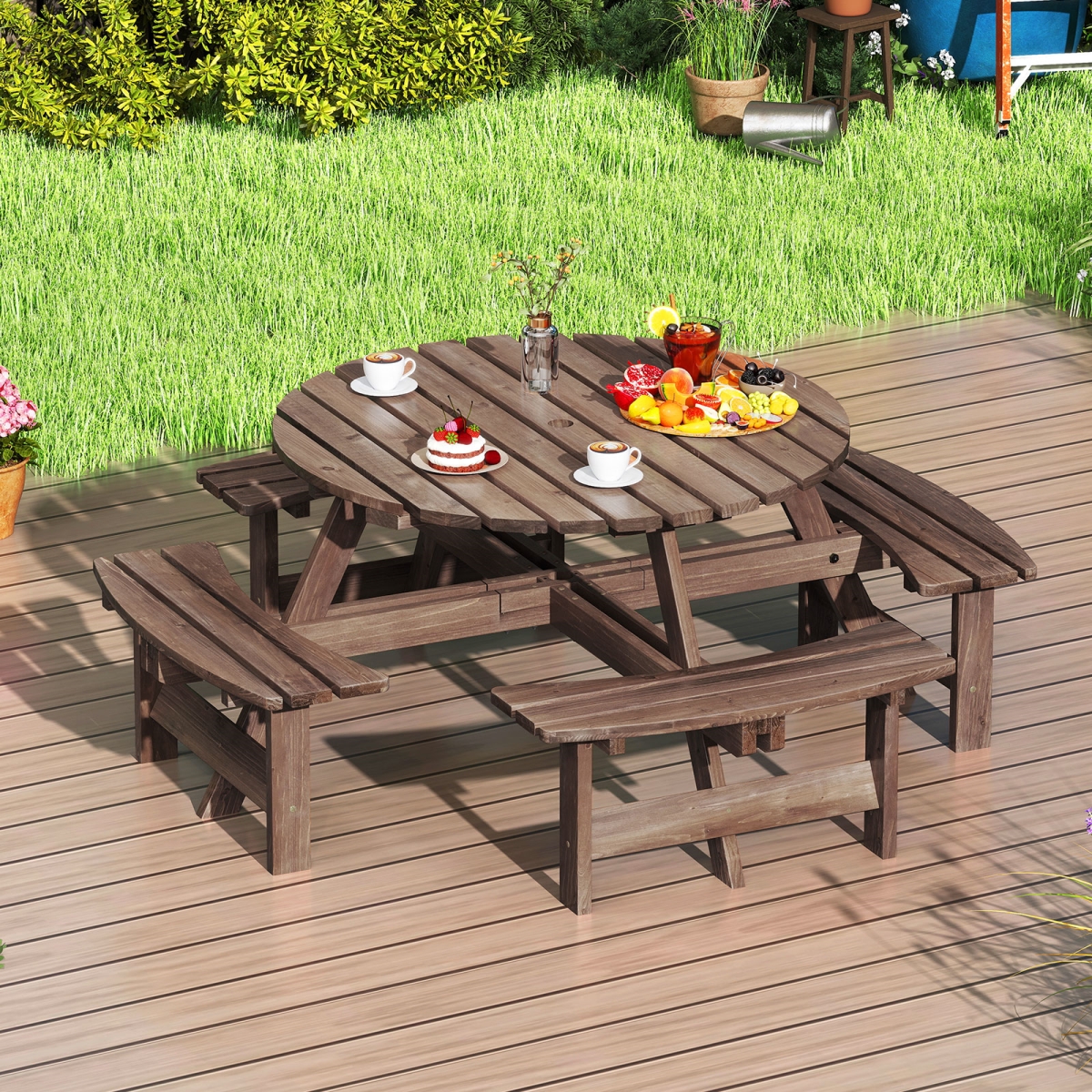 NP12321BN- 8-Person Round Picnic Table Set with Circular Patio Dining Camping with Benches - Brown